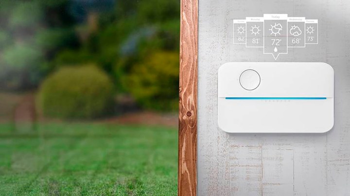 Rachio 3 sprinkler controller mounted on wall.