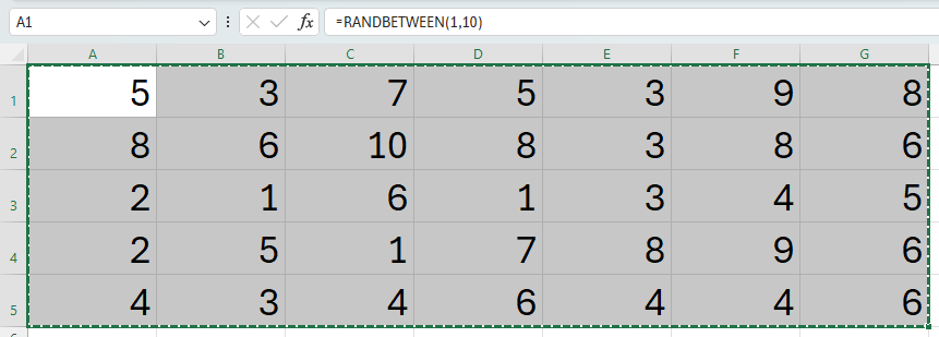 Seven columns and five rows of random numbers between 1 and 10 in Excel, calculated using the RANDBETWEEN function.