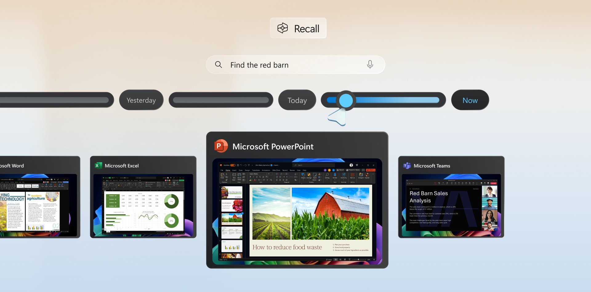 Microsoft Recall searching for a red barn.