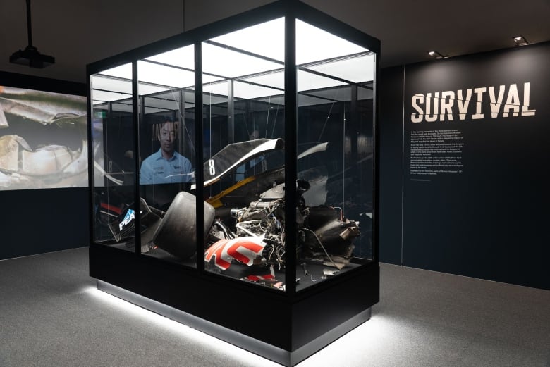 The remnants of Romain Grosjean's fiery and near fatal 2019 crash in Bahrain is displayed in the exhibition's 'Survival' room.