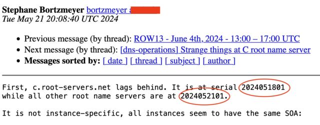 A mismatch in what's known as the zone serials shows root-c is three days behind.