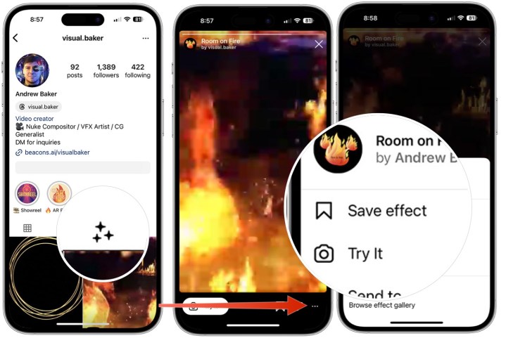 Screenshots showing how to save an effect on Instagram.