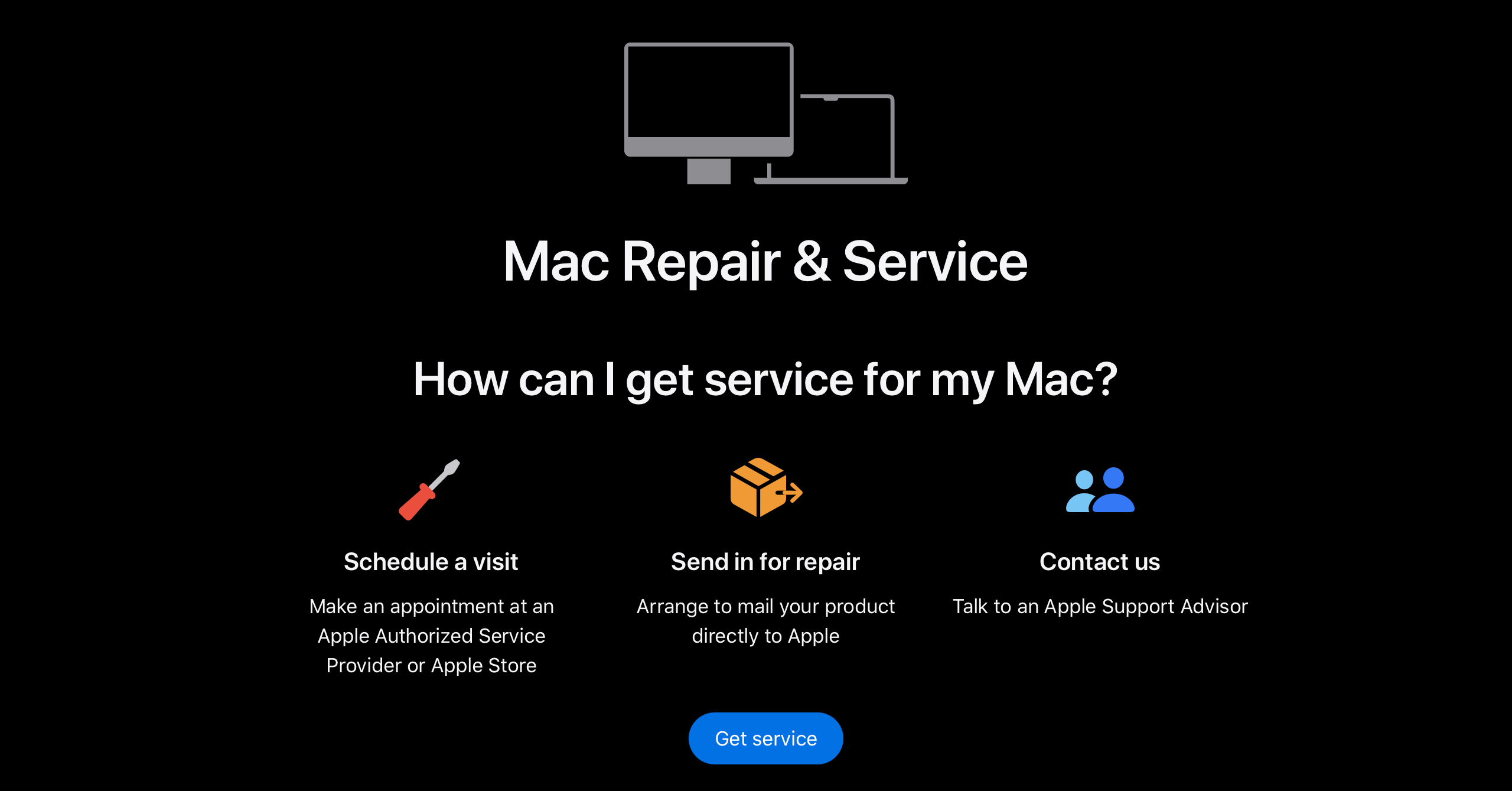 Screenshot of Apple Support Website to get a quote for repairs.