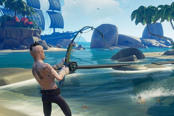 A pirate fishing in Sea of Thieves.