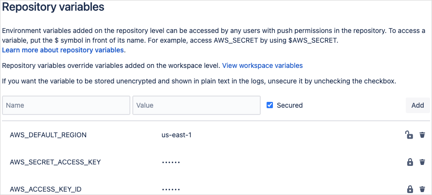 Storing secured variables in Bitbucket