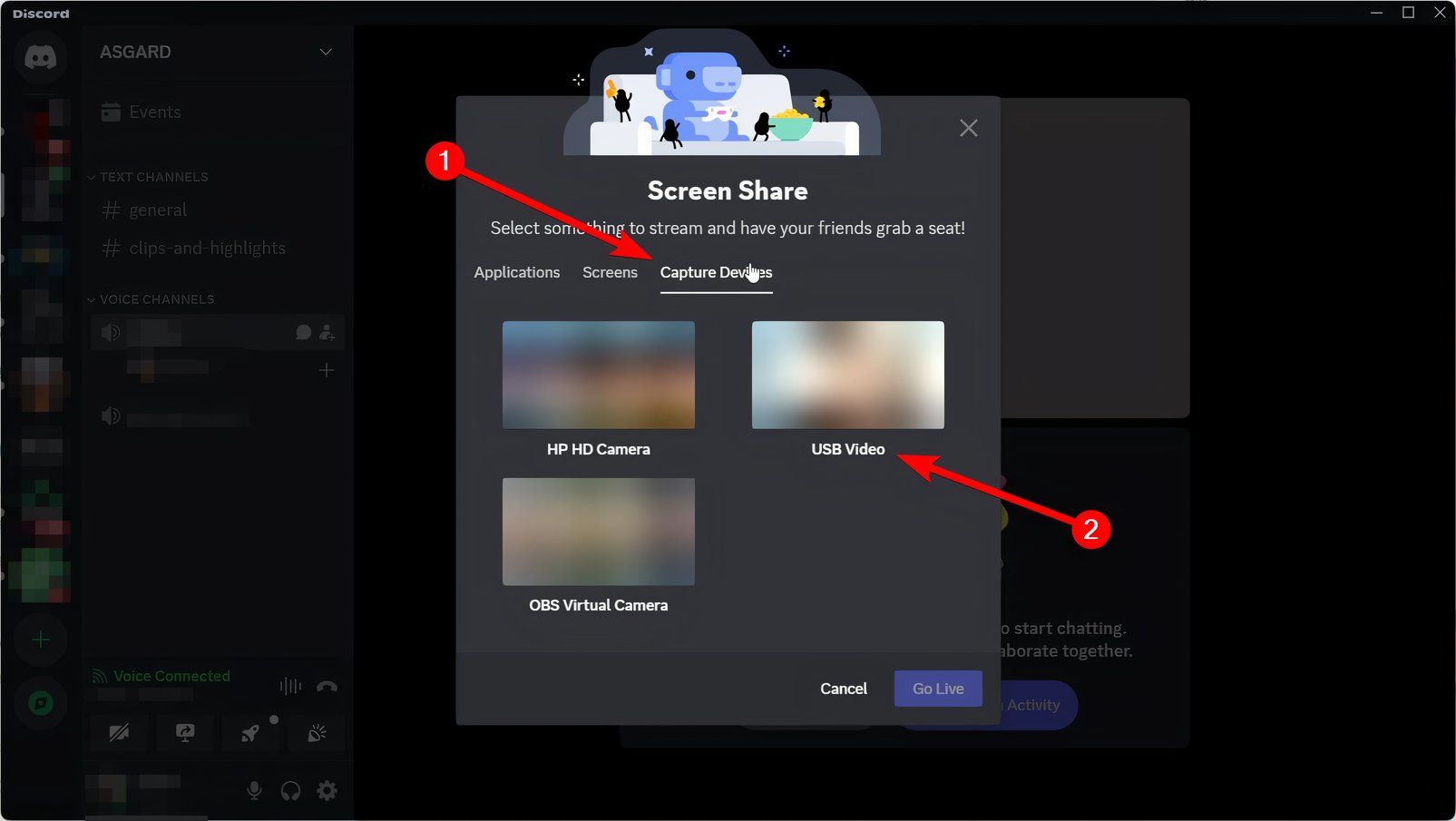 Selecting "USB Video" when choosing a window to stream on Discord.