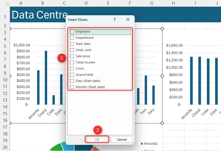 The Insert Slicers dialog box in Excel, with the options highlighted and the OK button selected.