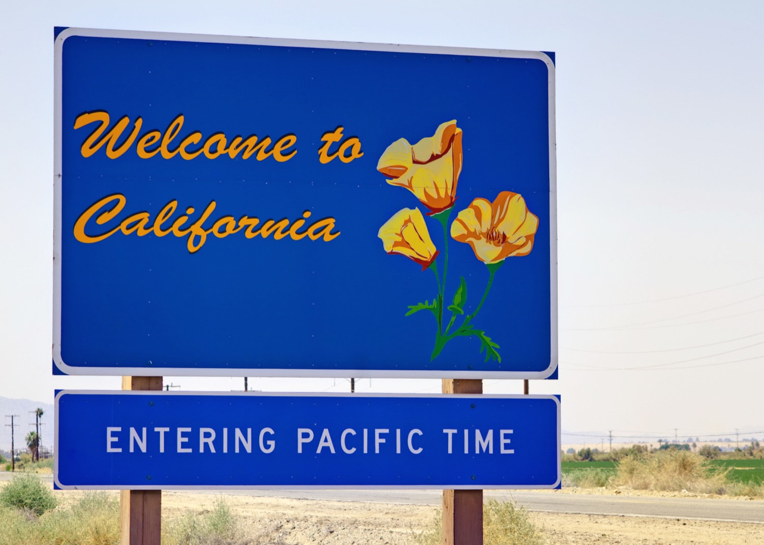 A welcome sign at the California state line.