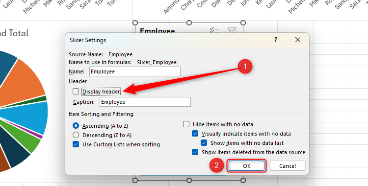 Excel's Slicer Settings dialog box, with 'Display Header' unchecked, and the OK button highlighted.