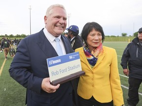 Hundreds attended the renaming of Centennial Stadium in Etobicoke to Rob Ford Stadium on Tuesday, May 28, 2024, including Ontario Premier Doug Ford (his older brother) and Toronto Mayor Olivia Chow.