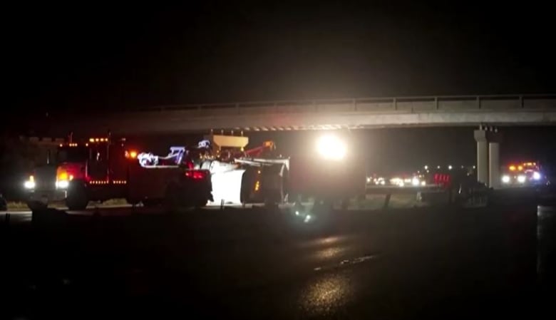 An overturned semi-trailer truck.