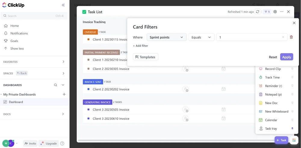 Setting up card filters to track agile metrics in ClickUp.