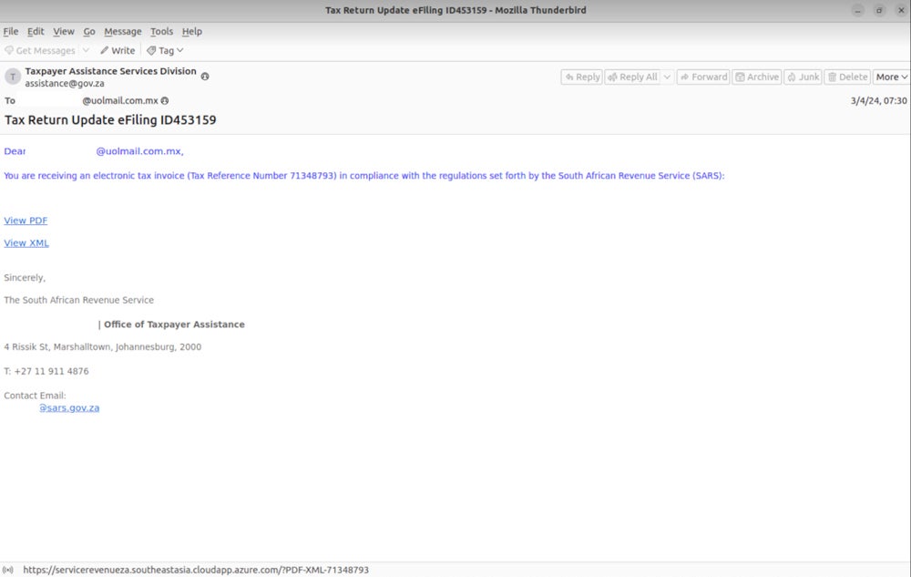 Sample phishing email targeting South African users.