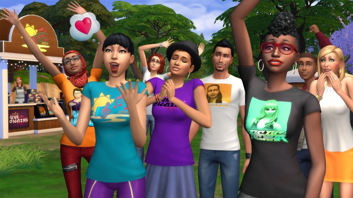 A crowd of Sims attends an in-game musical festival.