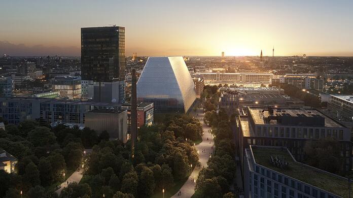 Der geplante Konzertsaal im Werksviertel in der Abendsonne.