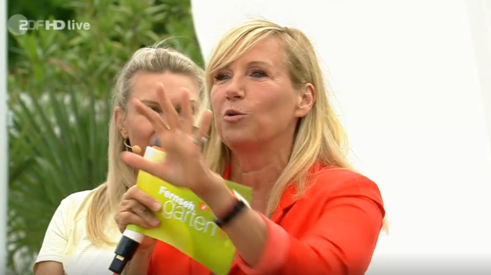 Andrea Kiewel stichelt im "ZDF-Fernsehgarten" gegen zwei Fußball-Teams.