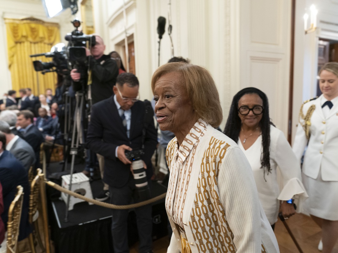 Former first lady Michelle Obama's mother Marian Robinson arrives for a ceremony at the White House in 2022. Robinson has died, according to an announcement by Michelle Obama and other family members.