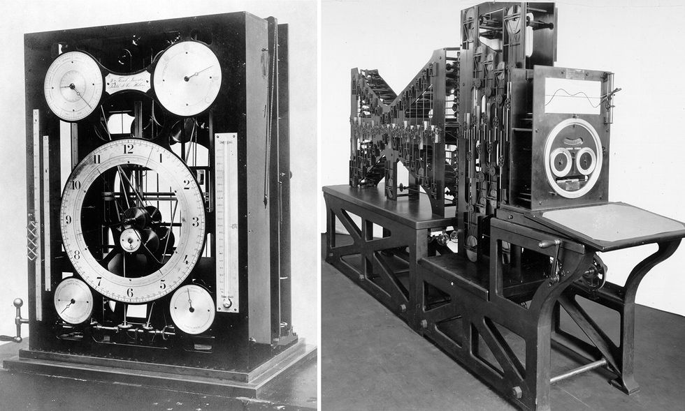 Photos of two machines. On the left, a machine with a clock face and four smaller dials. On the right, a large machine with multiple metal gears mounted on a long stand.