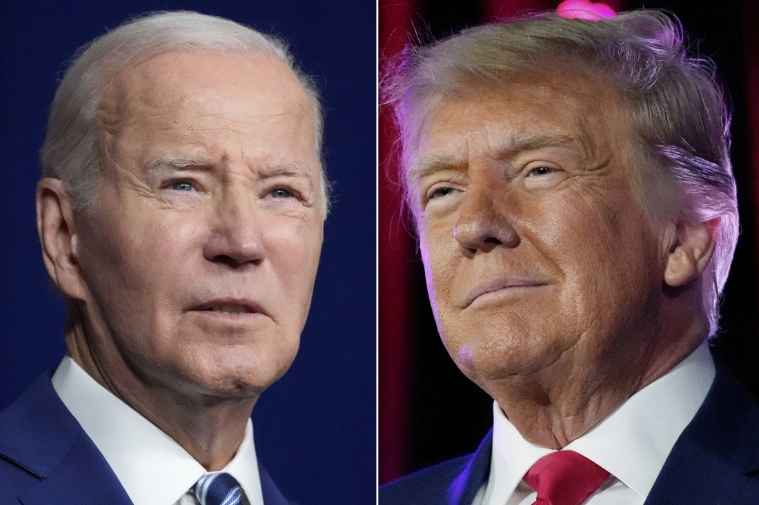 In this combination of photos, President Joe Biden speaks on Aug. 10, 2023, in Salt Lake City, from left, former President Donald Trump speaks on July 8, 2023, in Las Vegas.