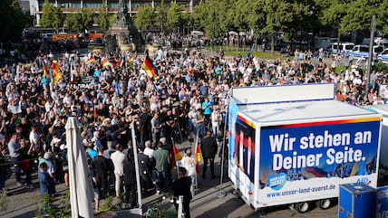 Teilnehmer einer Demonstration auf dem Paradeplatz in Mannheim.