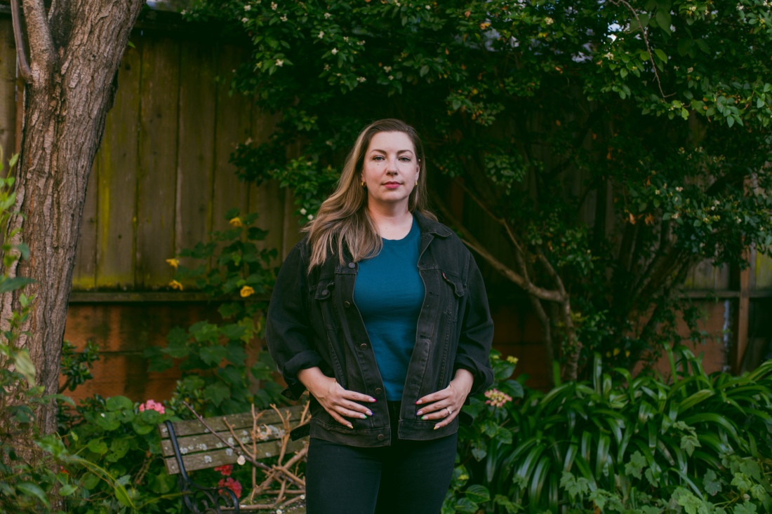 Emily Baden stands in her backyard in San Francisco. Before moving to San Francisco, she was neighbors with Supreme Court Justice Samuel Alito, who she says was a quiet observer to heated exchanges between her and Alito’s wife, Martha-Ann Alito, regarding signs on the Baden family’s front yard.