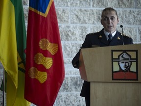 Assistant Commissioner Rhonda Blackmore speaks during a panel hosted by the RCMP to discuss an internal review into the handling of the James Smith Cree Nation incidents and the following recommendations at the RCMP Heritage Centre on Thursday, June 6, 2024 in Regina.