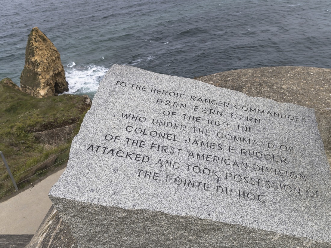 A granite plaque overlooking the water honors Rudder and his Rangers.