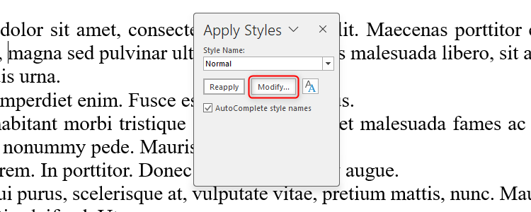 The Apply Styles box in Word, with the 'Modify' option selected.