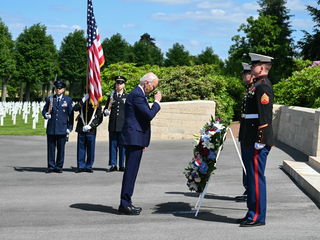 President Biden pays tribute to fallen U.S. soldiers of World War I in a wreath-laying ceremony at the Aisne-Marne American Cemetery in Belleau, France, on June 9.