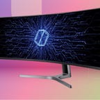 black curved Samsung gaming monitor against purple, pink and green gradient