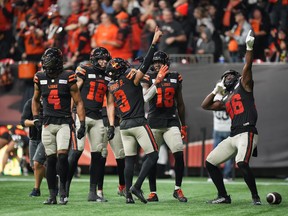 The Lions point to the sky after a touchdown.