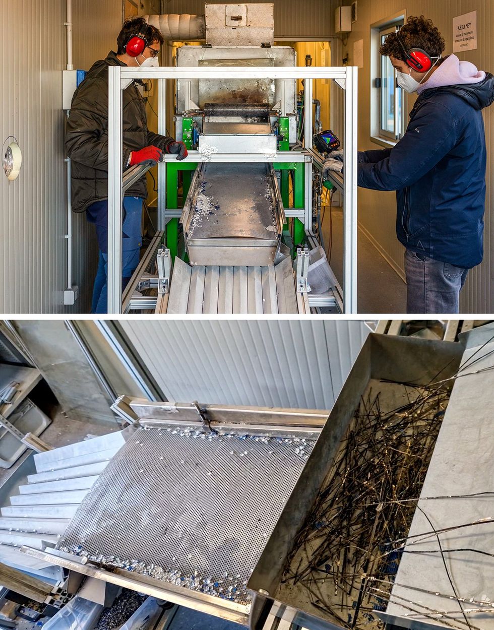 Pieces of glass, silicon and copper in a metal machine with three layers of sieves 