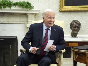 President Joe Biden listens as he meets with NATO Secretary General Jens Stoltenberg in the Oval Office at the White House, Monday, June 17, 2024.