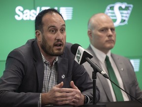 Saskatchewan Roughriders CEO Craig Reynolds and Saskatchewan Roughriders CFO Kent Paul answer questions on their financial statement ahead of their annual general meeting inside Mosaic Stadium on Tuesday, June 18, 2024 in Regina.