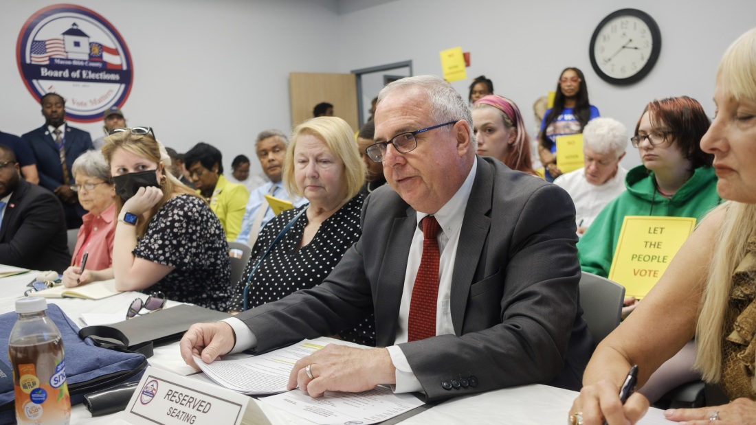 David Sumrall, the head of the Republican Party in Georgia's Bibb County, presents his case to challenge the eligibility of nearly 800 voters, at a hearing in Macon in May.