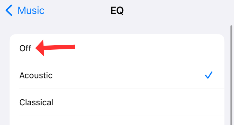 Image of the EQ menu in Music settings with an arrow next to off.