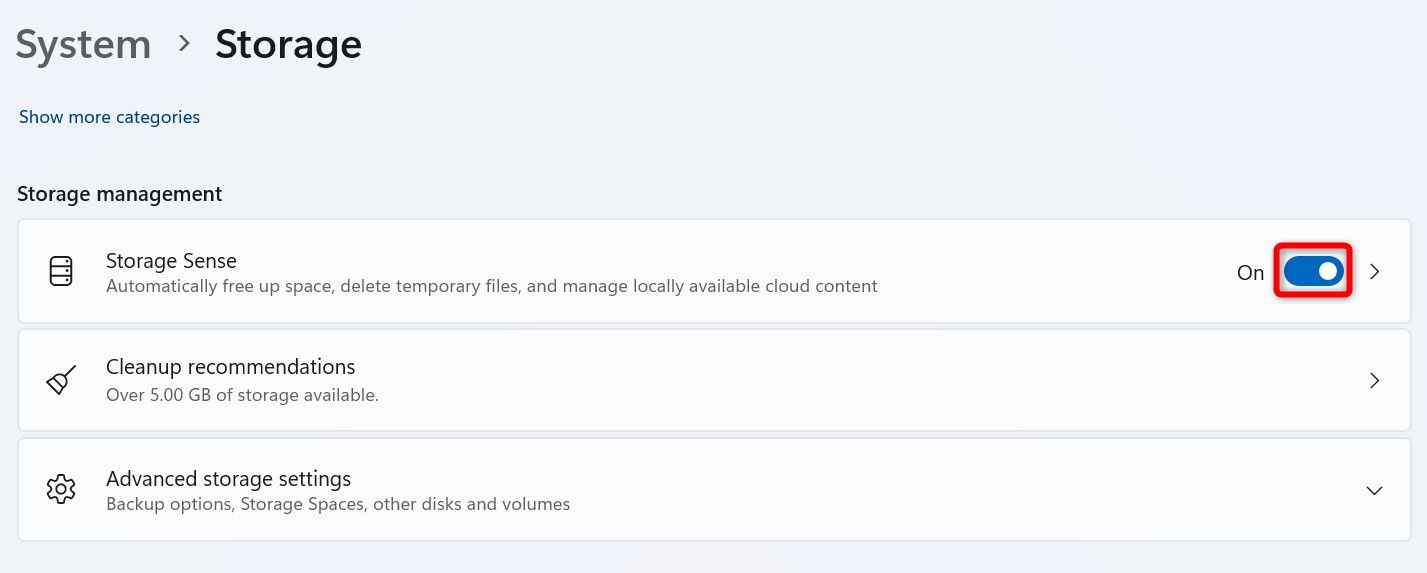 'Storage Sense' highlighted in Windows 11 Settings.