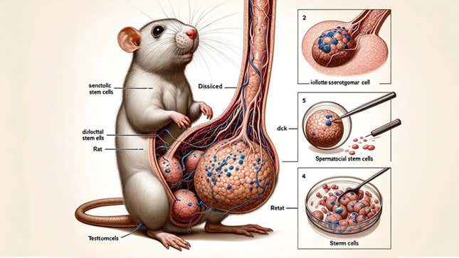 An AI-generated illustration of a rat's genitalia with associated stem cells, including gibberish annotations.