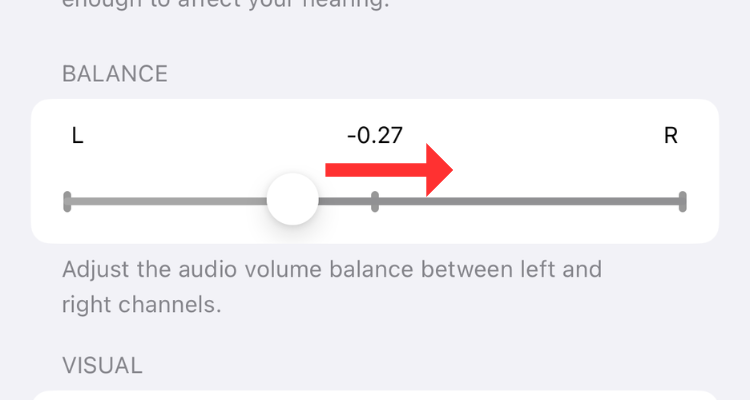 Screenshot of the audio balance slider in Audio & Visual menu.