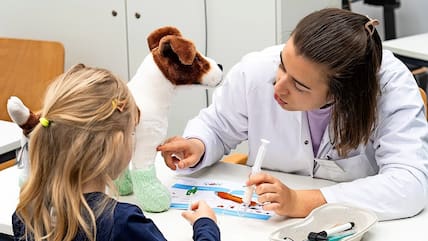 Fachärzte für Stofftierheilkunde untersuchen im Teddybärenkrankenhaus die Patienten und nehmen Kindern dadurch die Angst vor dem Krankenhaus.