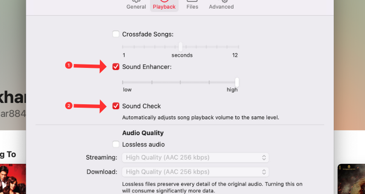 Screenshot of Apple Music settings on Mac with an arrow next to the required options.