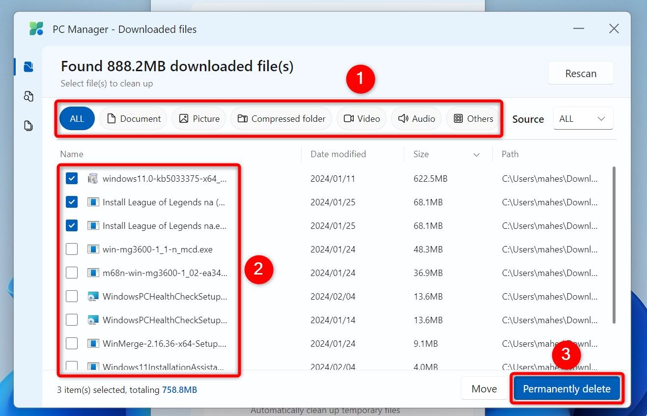 Downloaded files and 'Permanently Delete' highlighted in PC Manager.