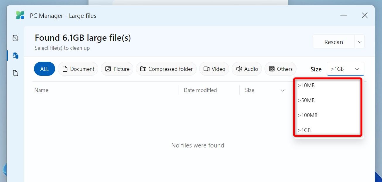 'Size' drop-down menu highlighted for large files in PC Manager.