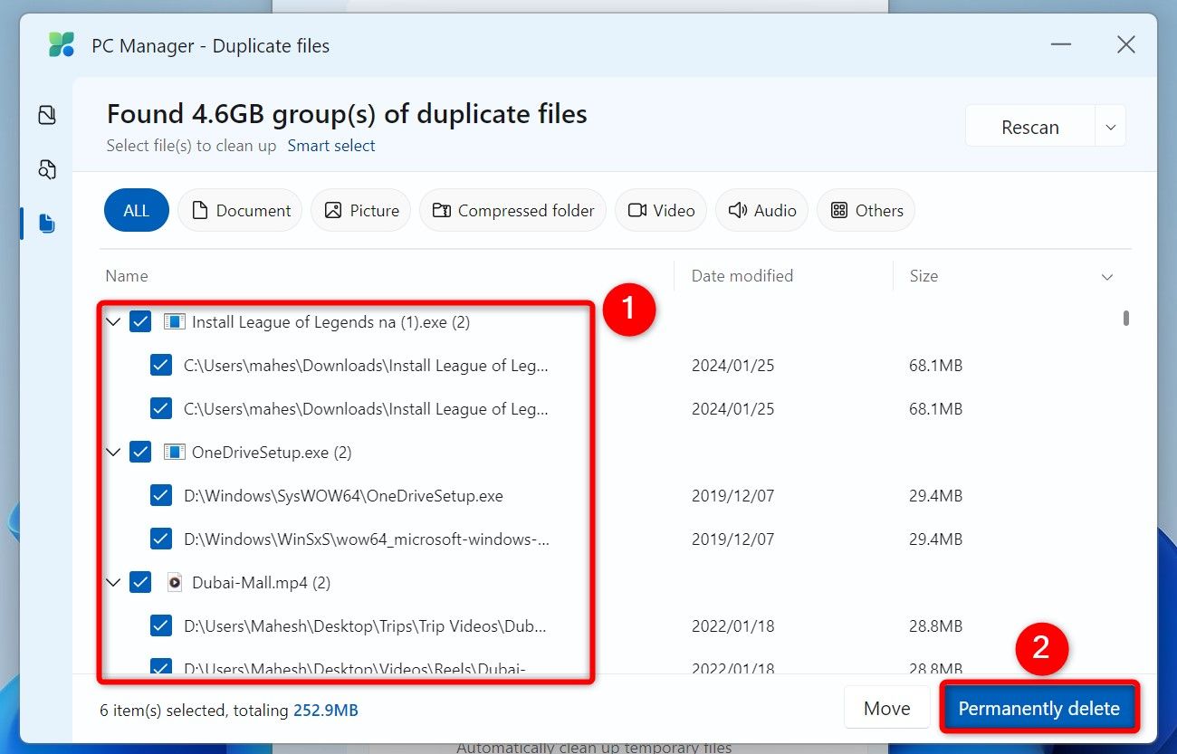 Duplicate files and 'Permanently Delete' highlighted in PC Manager.
