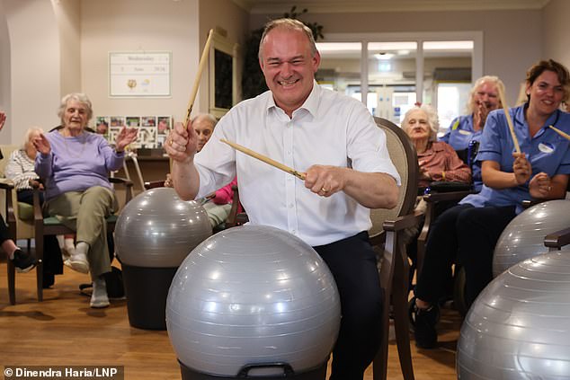 Liberal Democrat leader Ed Davey joined residents at a DrumFit class at Abbotswood Court Care Village in Romsey, Hampshire, while campaigning in the election on 5 June