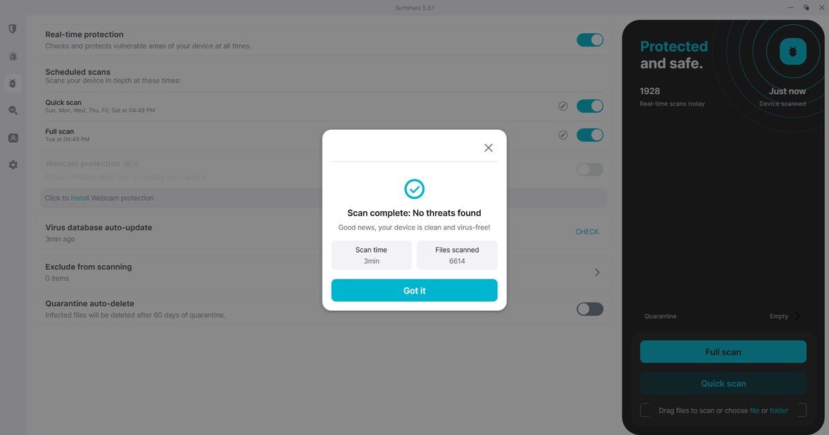 A completed scan via Surfshark’s antivirus. 