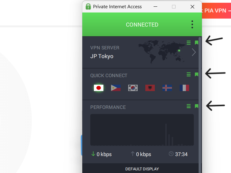 Customizable bookmarks in PIA VPN. 