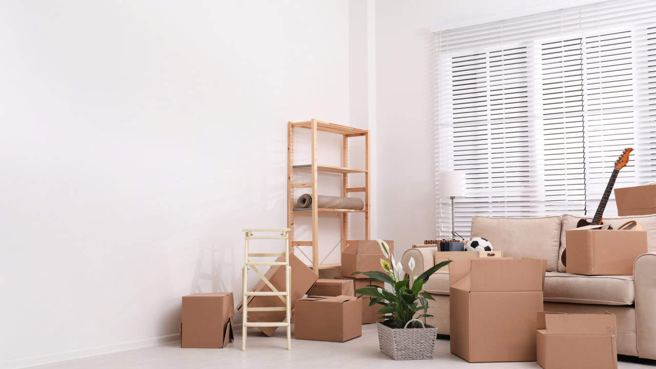 Cardboard boxes and household stuff in living room