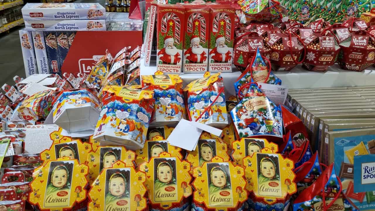 Sweet holiday Christmas gifts with sweets in grocery