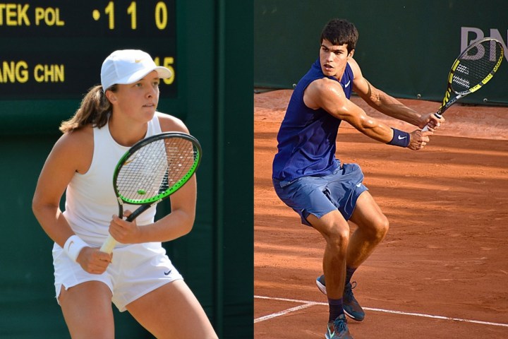 A woman sets up for a tennis shot while a man goes for a backhand.